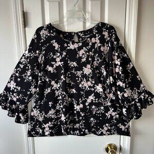 NWT Karl Lagerfeld 3X Black Floral Tunic Asymmetrical 3/4 Bell Ruffle Sleeve NEW